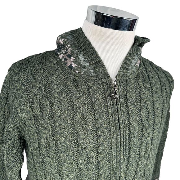 Aran Crafts Merino Fair Isle Zip Cardigan Sweater Women’s Small Green Hood New - Picture 2 of 9